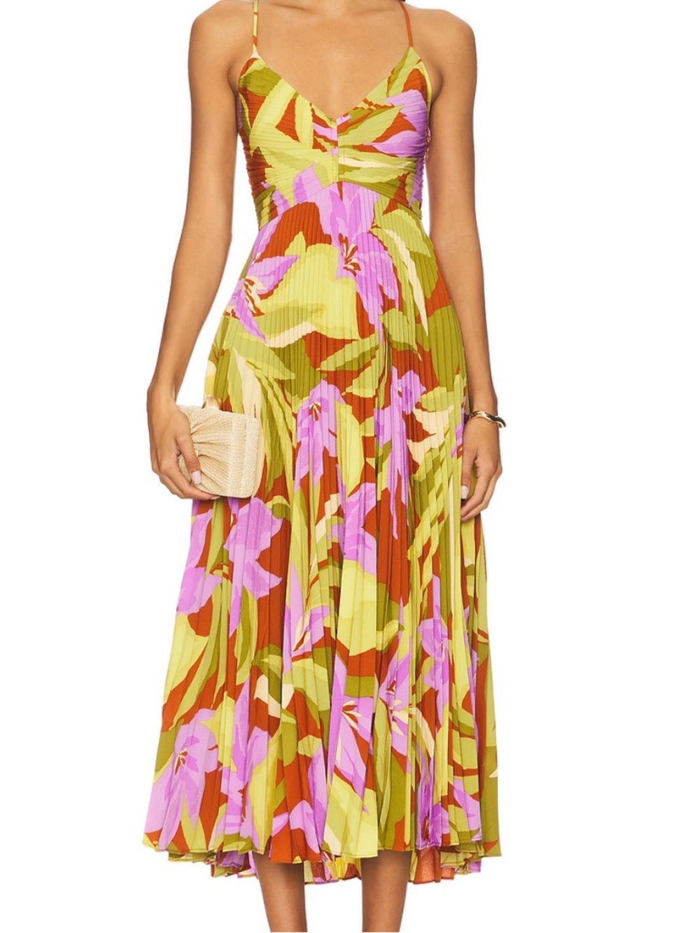 ASTR Blythe Floral Pleated Spaghetti-Strap Maxi Dress in Olive & Lilac